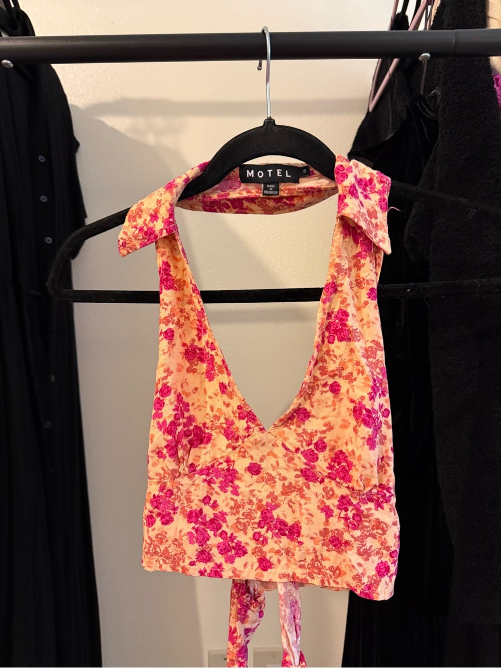 Motel Rocks Floral Tie-Back Halter Top in Pink & Peach